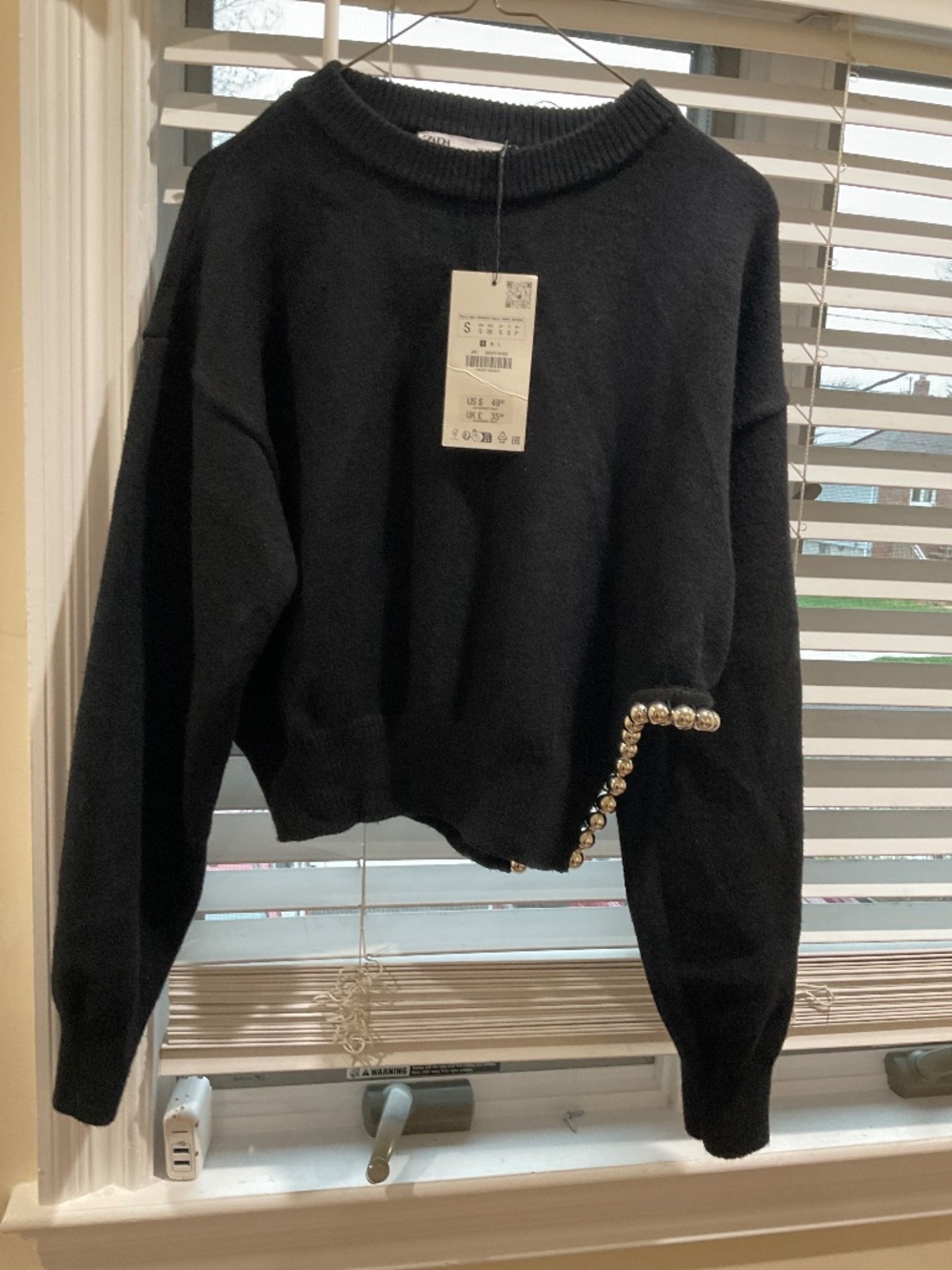 ZARA  BLACK SWEATER WITH BEADED SIDE  SLIT NWT
